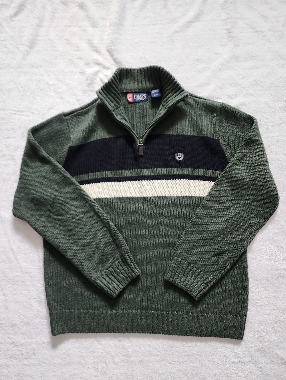 CHAPS Men's Large 1/4 Zip‎ Cotton Knit Pullover Sweater Dark Green
